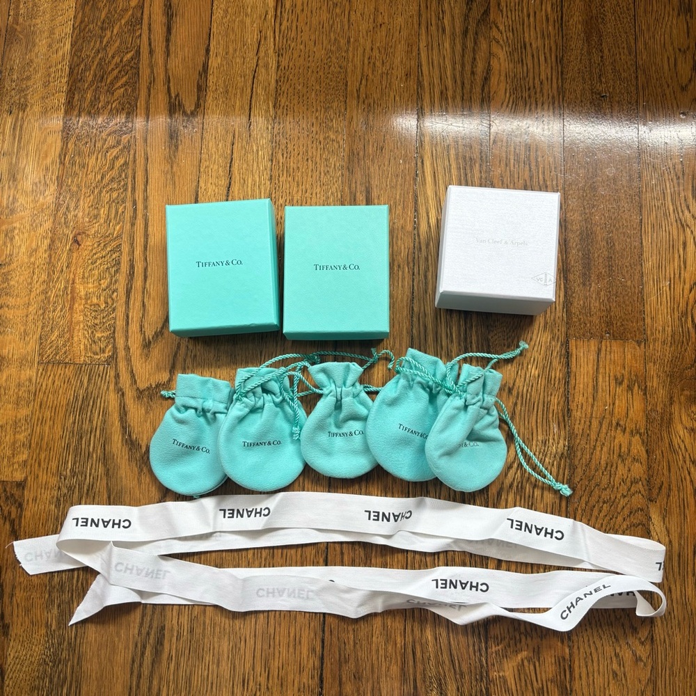 Tiffany, Chanel, Van Cleef Jewelry Boxes, Dust Bags, and Ribbons